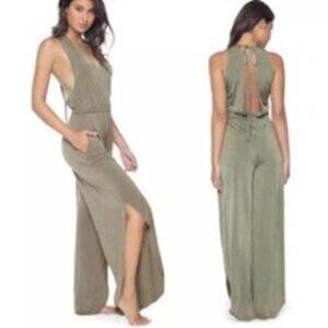 PilyQ Olive Joanne Jumpsuit Swim Cover-up Open Leg Slit Back V-Neck One Piece L